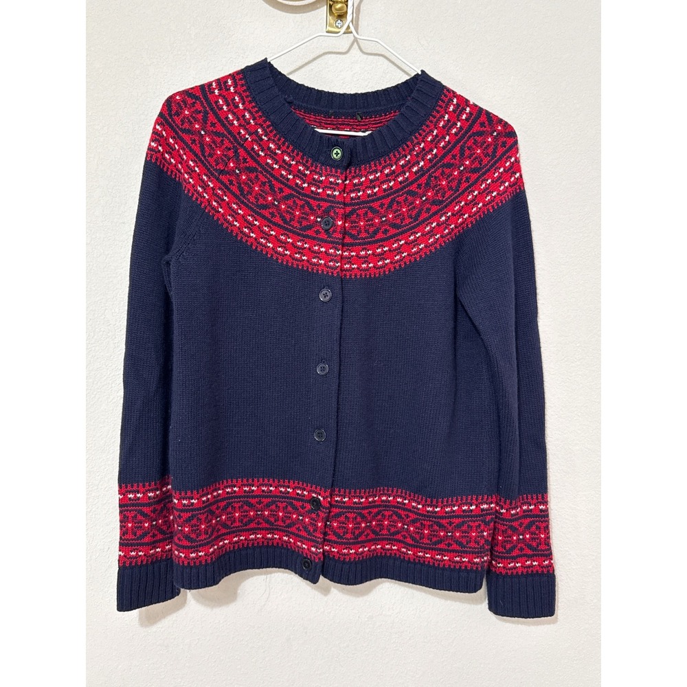 Talbots Cardigan Sweater Womens Small Navy Blue Red Fair Isle Lambswool Blend